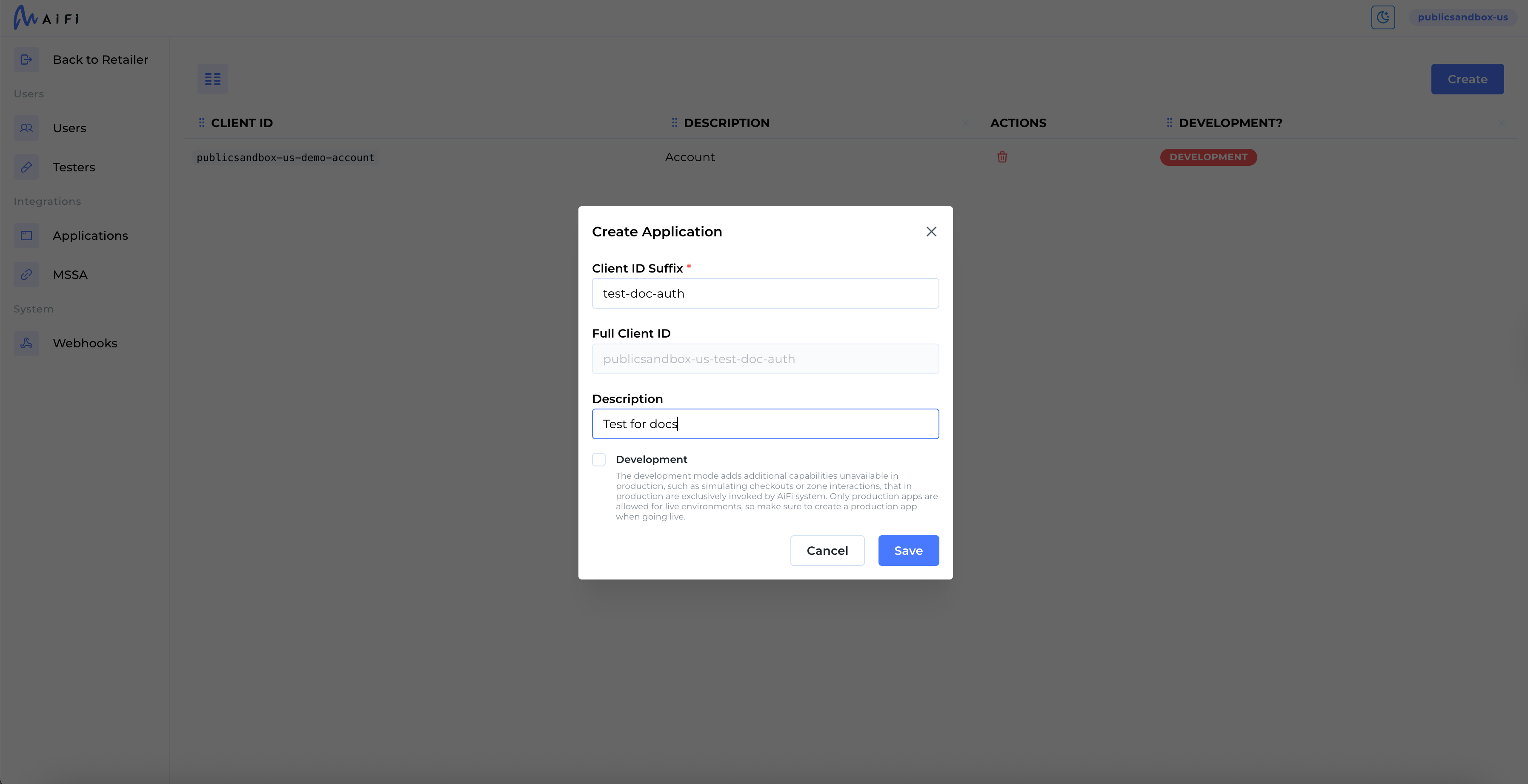 Create OAuth 2.0 Application modal